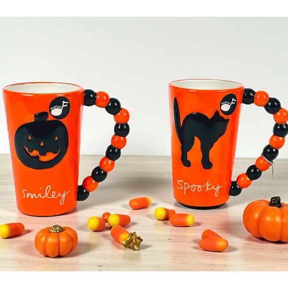 2 Dept 56 Halloween Mugs Spooky Cat Smiley JOL Make Soft Creepy Sounds - Picture 12 of 12